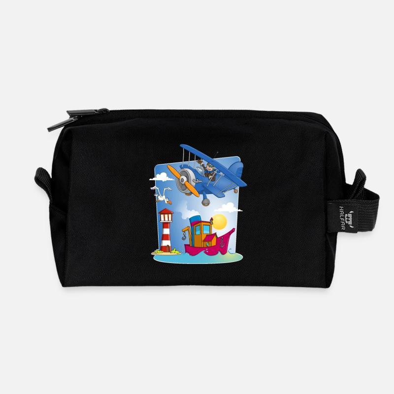 Sonne, Meer, Flugzeug, Boot, Leuchtturm und Möwe - Recycelte Kulturtasche - Schwarz