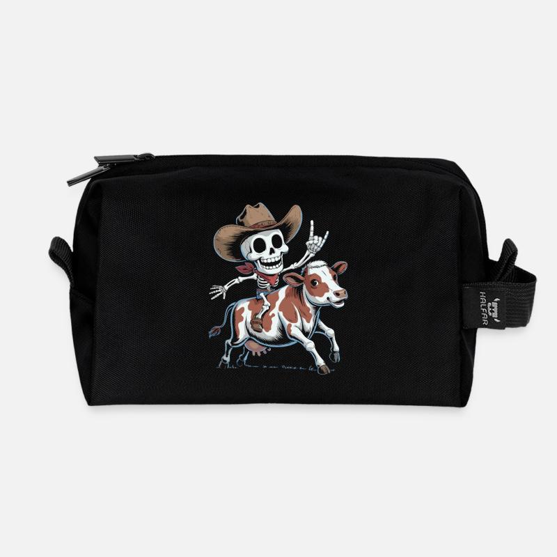 Skeleton cowboy rides calf - Recycled Toiletry Zip Bag - black