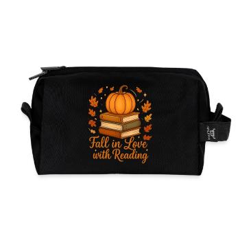 Books and Pumpkin - Fall in Love with Reading - Recycled Toiletry Zip Bag - black - Front
