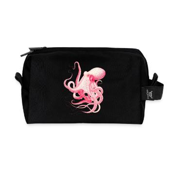 Vintage Octopus Illustration in Red & Pink - Recycled Toiletry Zip Bag - black - Front