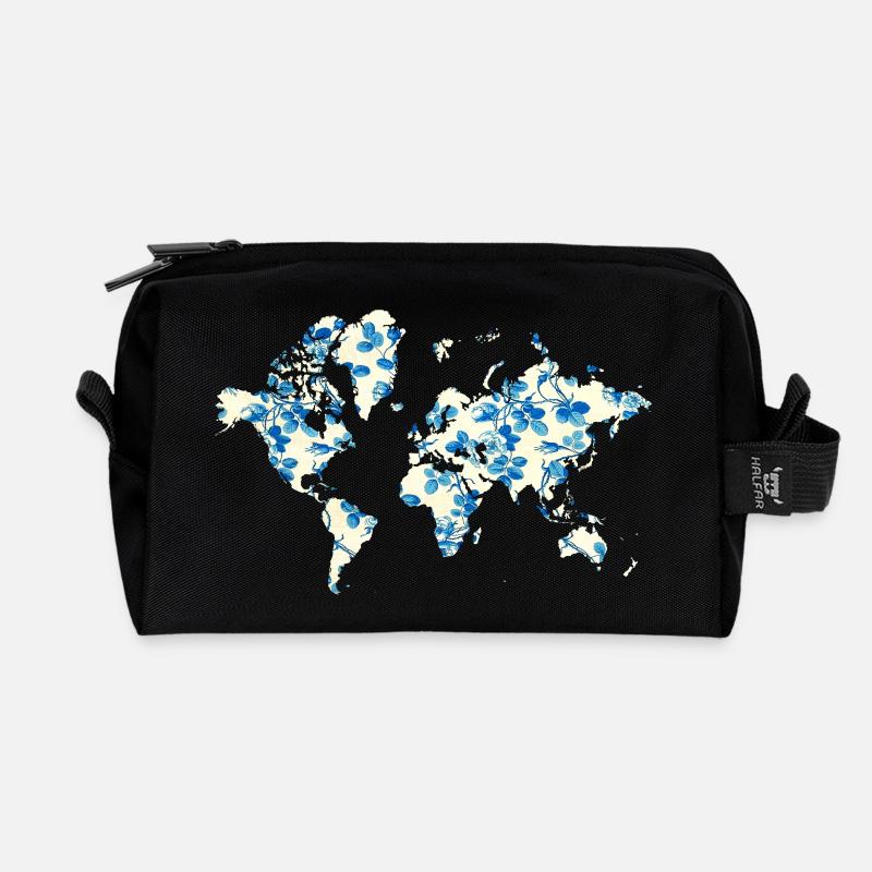 Carte du monde Fleurs Bleues - Trousse de toilette en tissu recyclé - noir