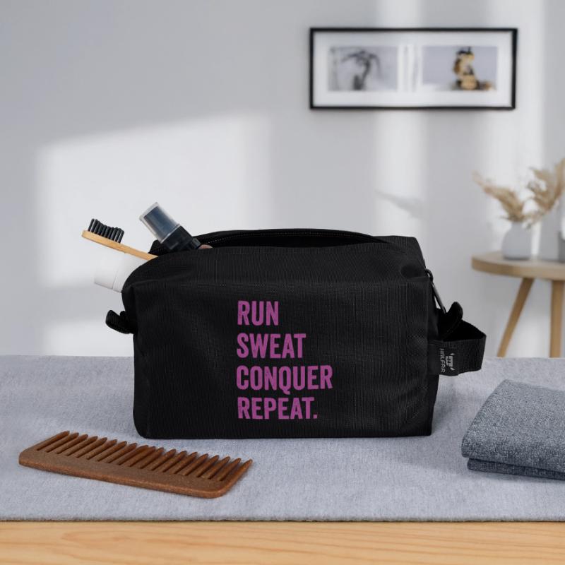 Run. Sweat. Conquer. Repeat. Recycled Toiletry Zip Bag