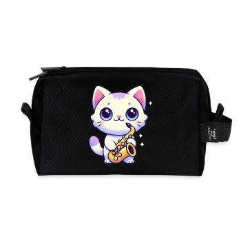 Adorable Cat with Saxophone Graphic - Recycled Toiletry Zip Bag - black - Front