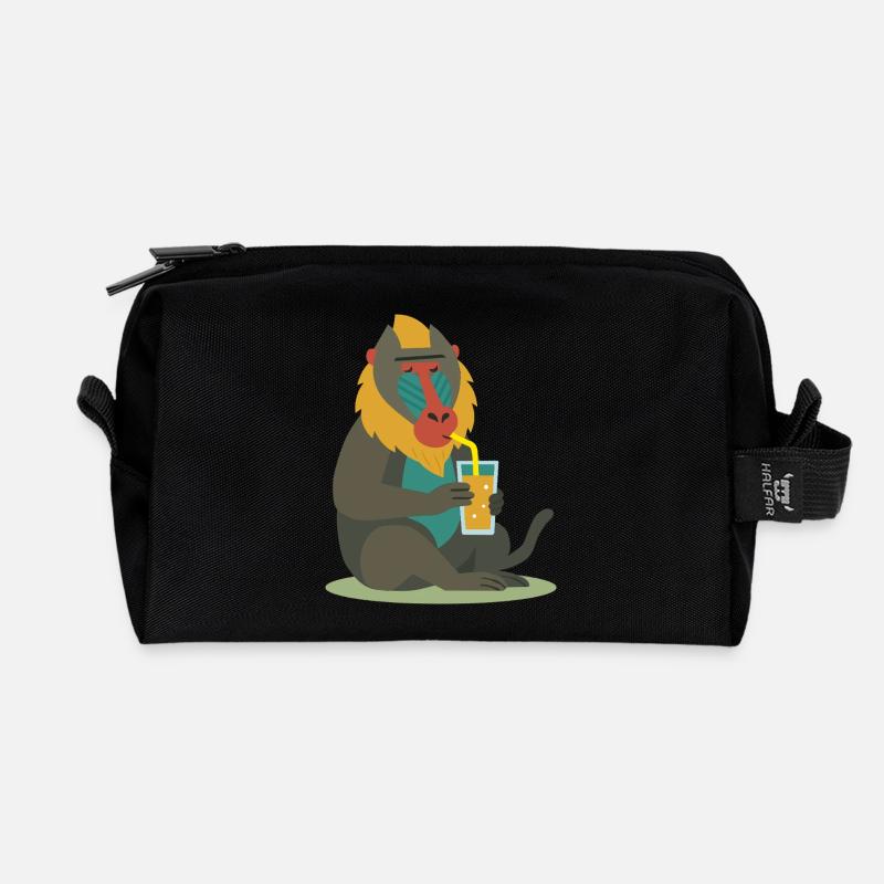 bunter Mandrill genießt entspannt ein Glas Saft - Recycelte Kulturtasche - Schwarz