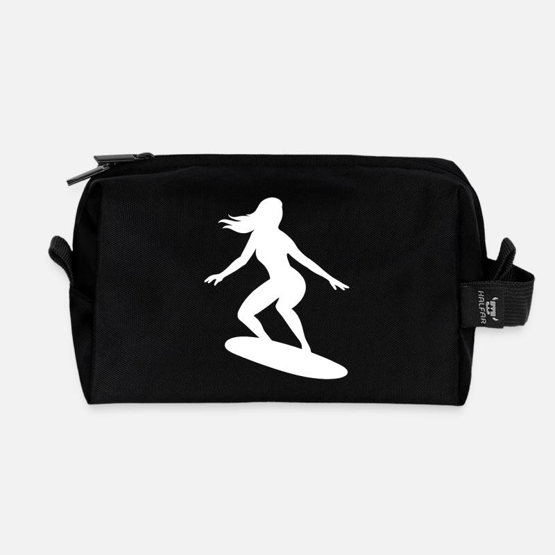 Minimalistische Surferin Surfbrett Wasser Sommer - Recycelte Kulturtasche - Schwarz