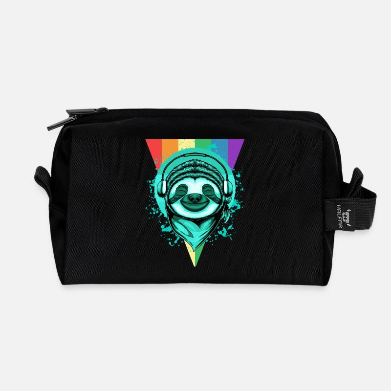 Faultier mit Kopfhörern & Regenbogen - Recycelte Kulturtasche - Schwarz
