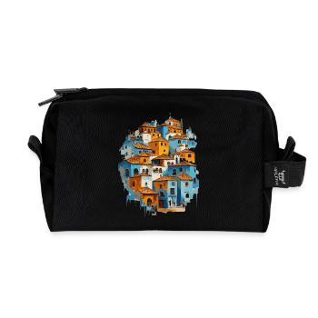 Village bleu avec tuiles orange - Trousse de toilette en tissu recyclé - noir - Devant