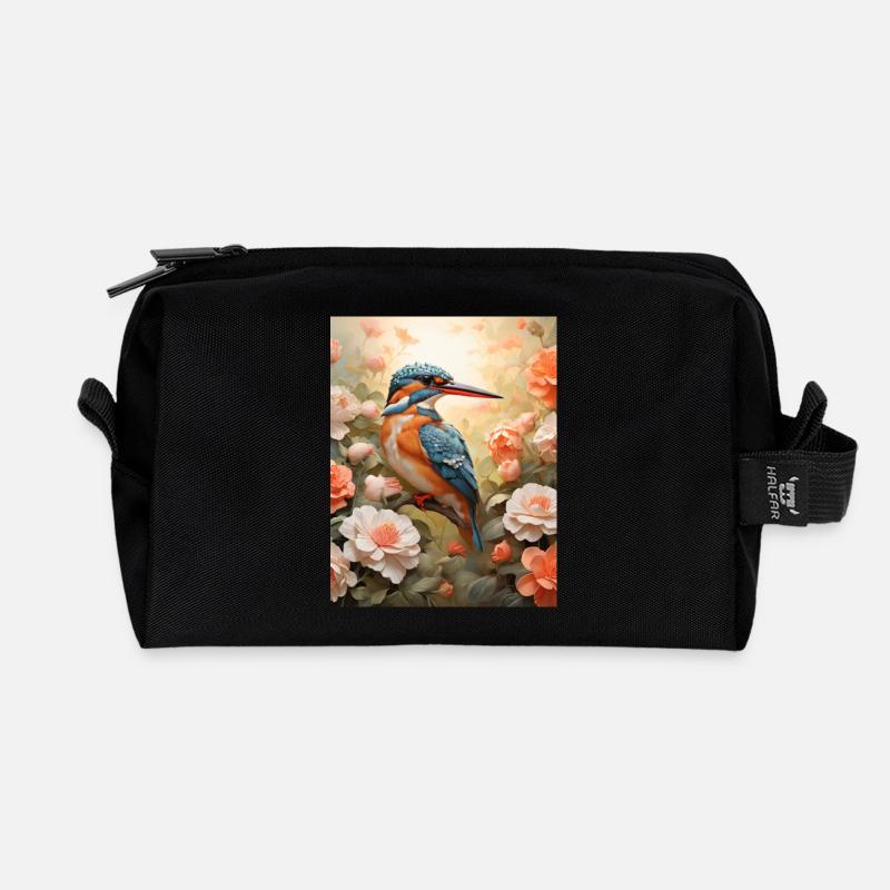 Eisvogel im Blütenmeer - Recycelte Kulturtasche - Schwarz