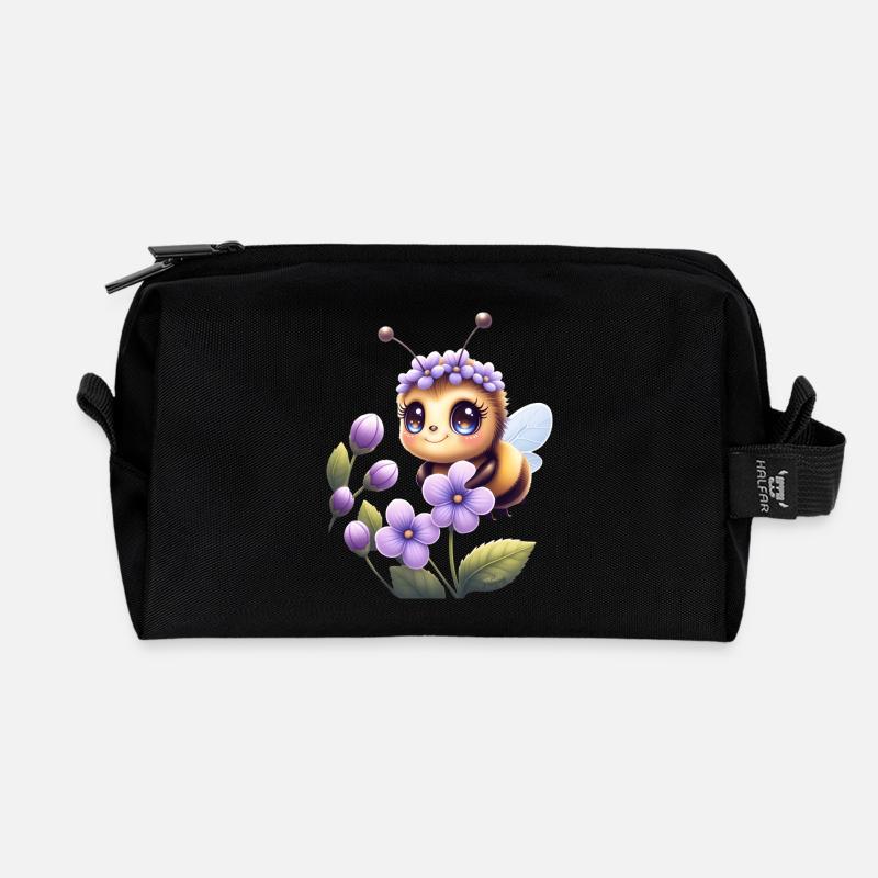 Cute Bee Among Lilac Flowers 🐝 - Recycled Toiletry Zip Bag - black