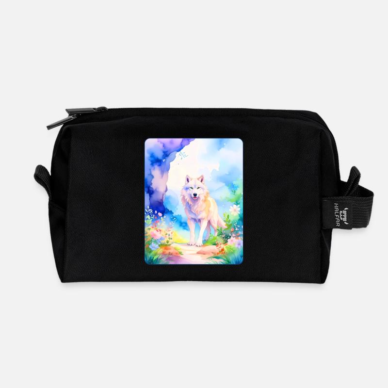 White wolf surrounded by flowers - Recycled Toiletry Zip Bag - black
