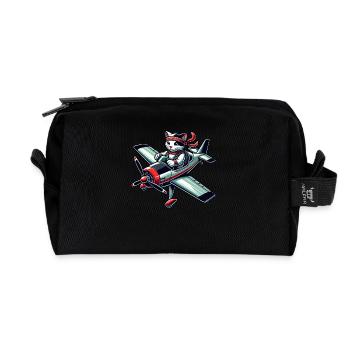 Cat Pilot Propeller Airplane Flying - Recycled Toiletry Zip Bag - black - Front