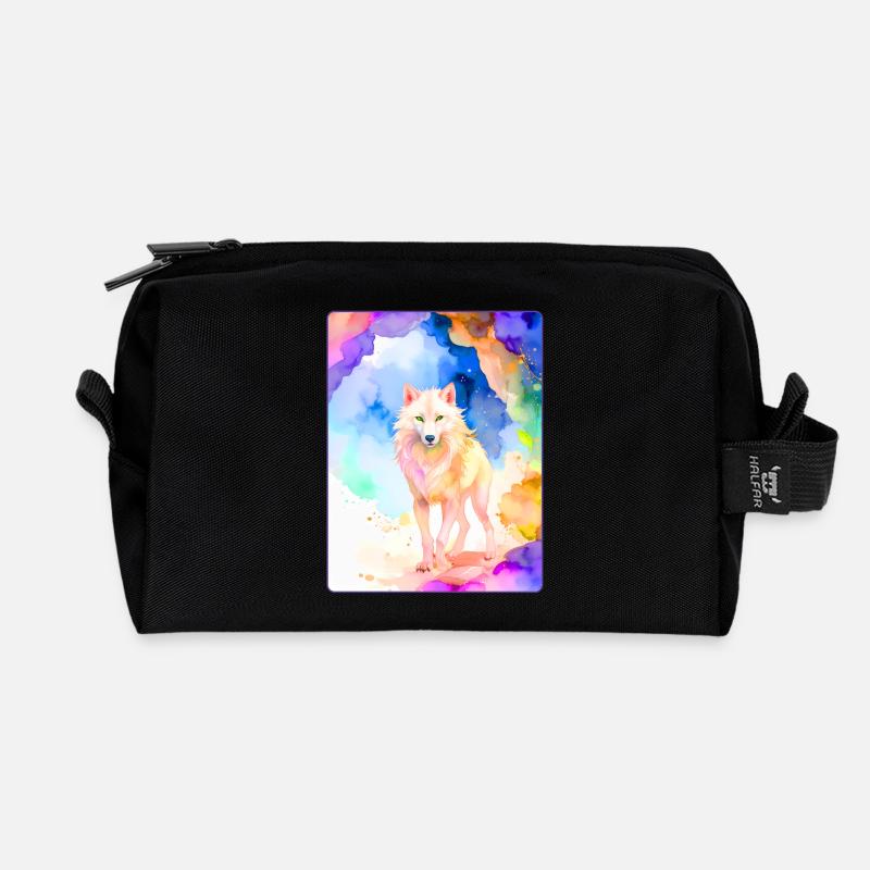 Loup blanc devant une grotte colorée - Trousse de toilette en tissu recyclé - noir