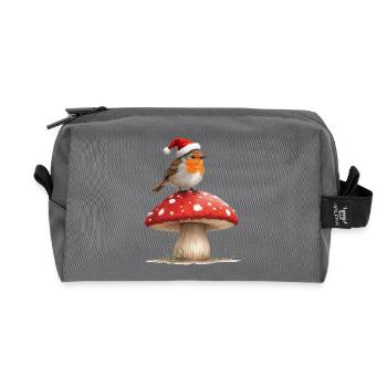 Robin en chapeau de Père Noël sur un champignon rouge - Trousse de toilette en tissu recyclé - anthracite - Devant