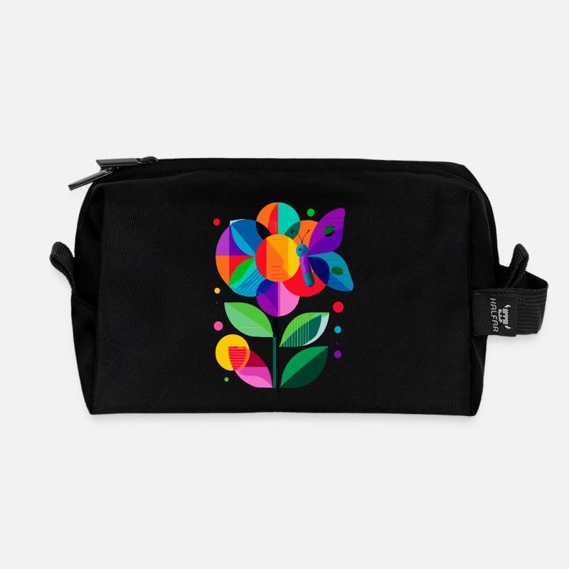 colorful stylized flower with butterfly - Recycled Toiletry Zip Bag - black