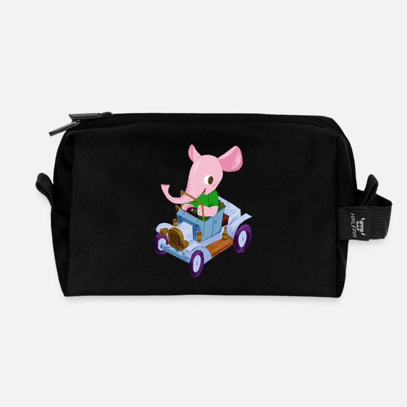 Éléphant dans une voiture de collection - Trousse de toilette en tissu recyclé - noir