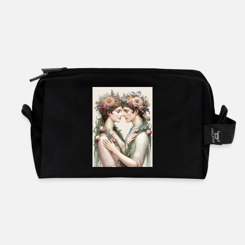 Liebespaar und Blumensträuße - Recycelte Kulturtasche - Schwarz