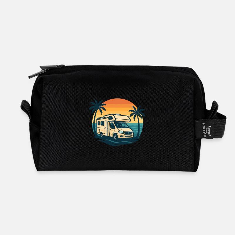 Wohnwagen vor Sonnenuntergang am Meer - Recycelte Kulturtasche - Schwarz