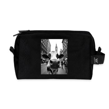 Funny Cow Selfie on a Busy City Street - Recycled Toiletry Zip Bag - black - Front