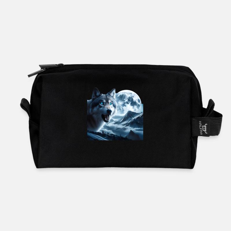 Wolf mit blauen Augen bei Vollmond - Recycelte Kulturtasche - Schwarz