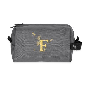 Buchstabe f Goldene Glitzerlibelle - Geschenkidee - Recycelte Kulturtasche - Anthrazit - Vorne