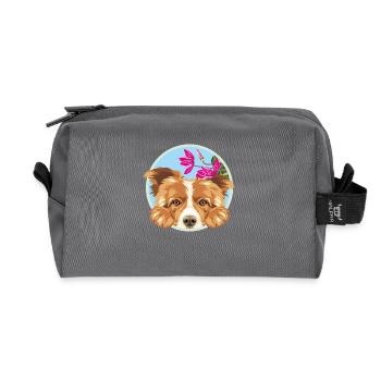 Peeking happy Border Collie dog with pink flowers - Recycled Toiletry Zip Bag - anthracite - Front