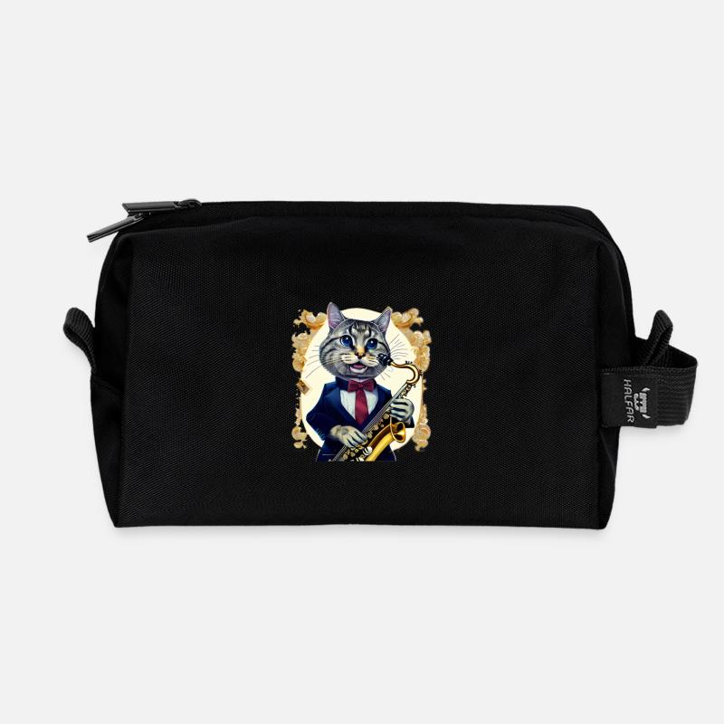 Jazz cat in suit with saxophone - Recycled Toiletry Zip Bag - black