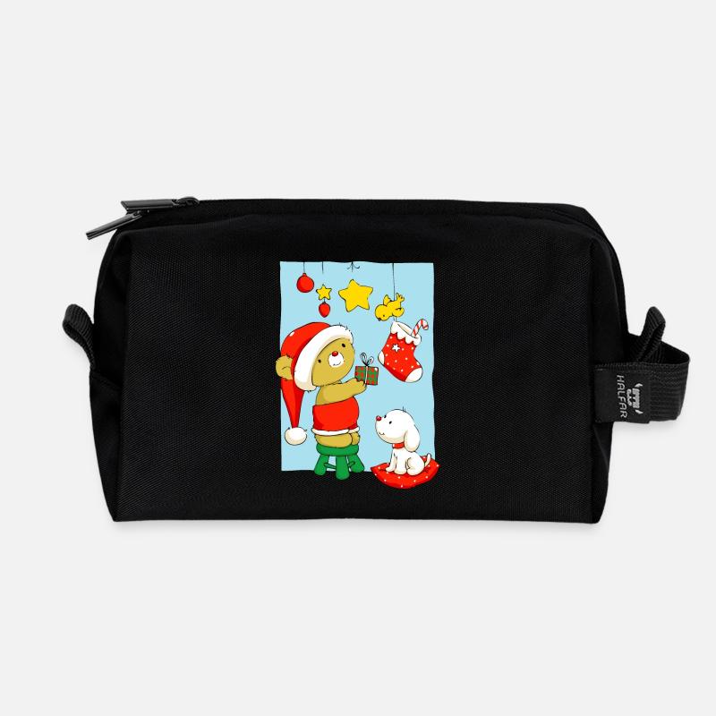 Christmas Bear doing Christmas decorations - Recycled Toiletry Zip Bag - black