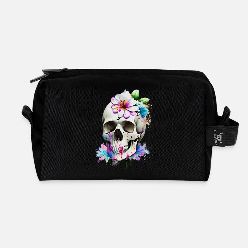 Schädel mit Lilien - Recycelte Kulturtasche - Schwarz