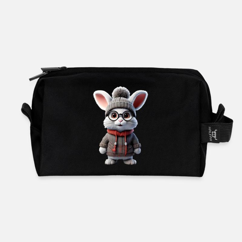 Cute rabbit with knitted sweater - Recycled Toiletry Zip Bag - black