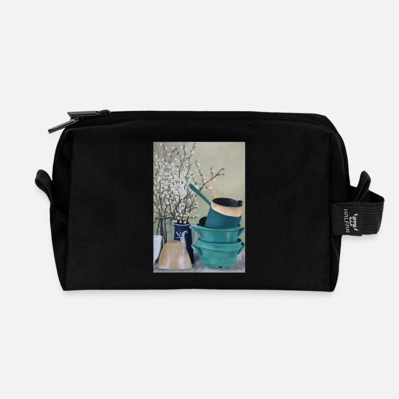 Ölgemälde Kunst Stillleben Küche Vintage Blüten - Recycelte Kulturtasche - Schwarz