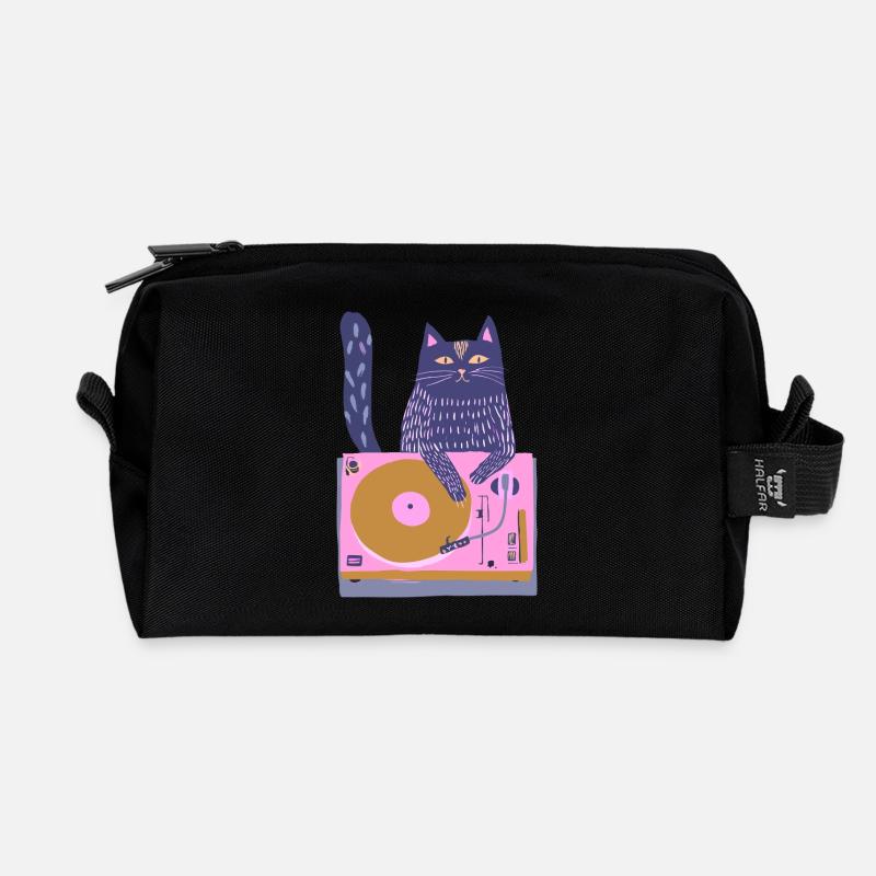 Purple DJ Cat on Pink Turntable - Recycled Toiletry Zip Bag - black