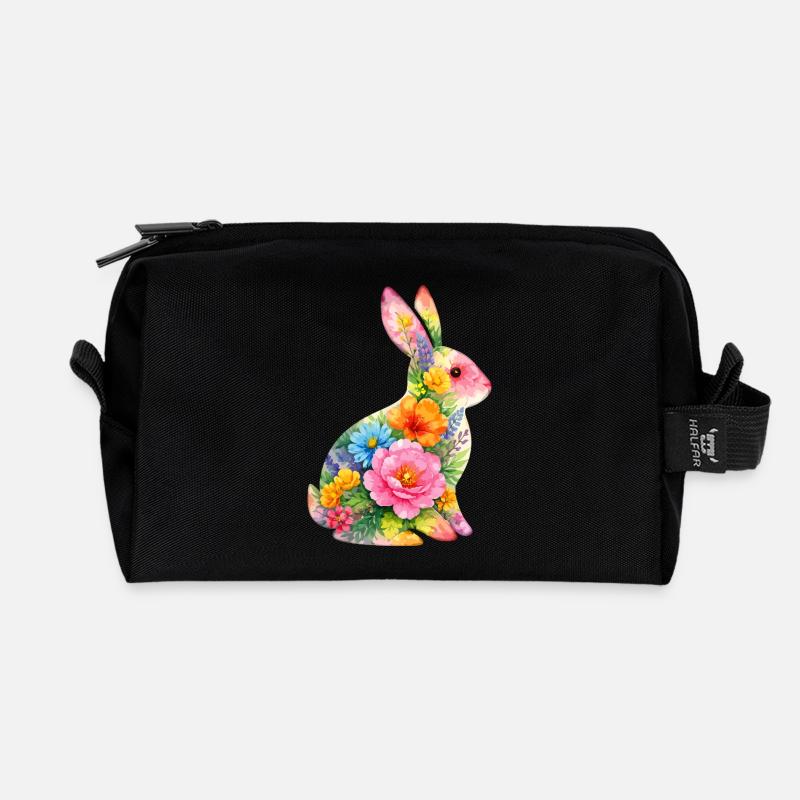 Hase Wasserfarben Blumen Ostern - Recycelte Kulturtasche - Schwarz