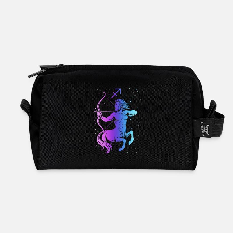 Sagittarius – Neon Zodiac Sign - Recycled Toiletry Zip Bag - black