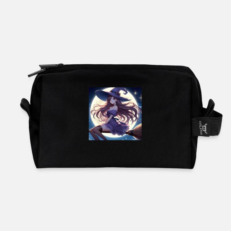 Halloween witch on broom before full moon - Recycled Toiletry Zip Bag - black