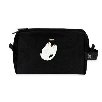 fröhlicher Pinguin mit einer goldenen Krone - Recycelte Kulturtasche - Schwarz - Vorne