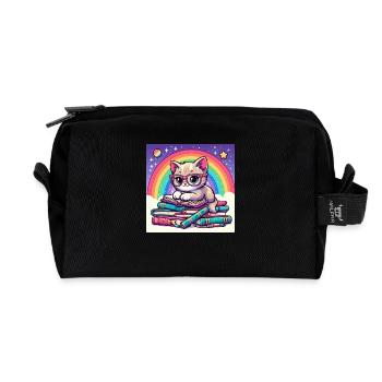 Süße Katze liest Bücher unter dem Regenbogen - Recycelte Kulturtasche - Schwarz - Vorne