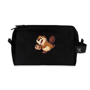 Bibermutter mit herumtollendem Kind - Recycelte Kulturtasche - Schwarz - Vorne
