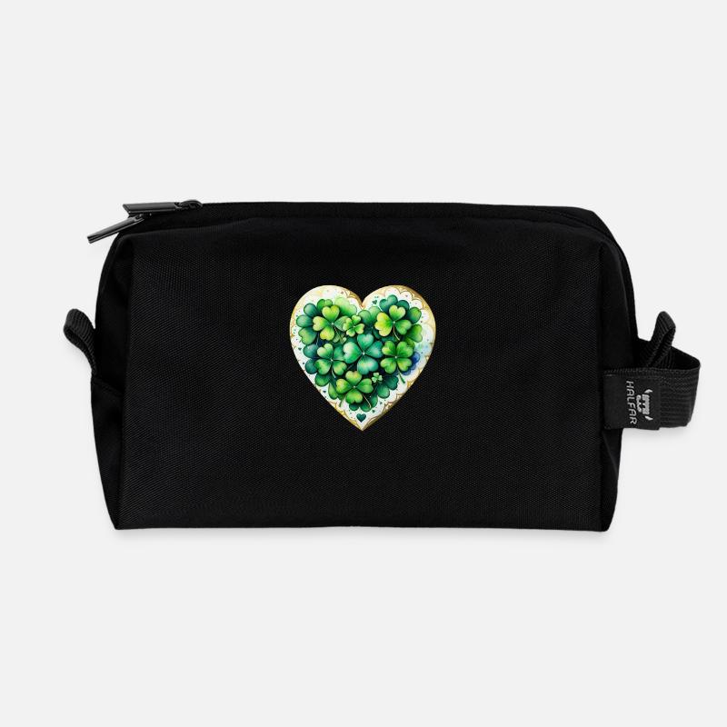 Grüne Kleeblätter Herz - Recycelte Kulturtasche - Schwarz