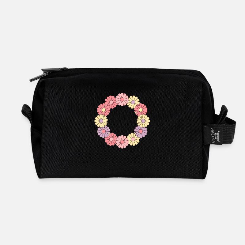 Vibrant Flower Wreath - Recycled Toiletry Zip Bag - black