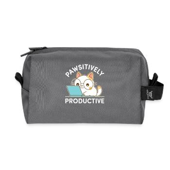 Pawsitively Productive – Kawaii Cat at Work - Recycled Toiletry Zip Bag - anthracite - Front