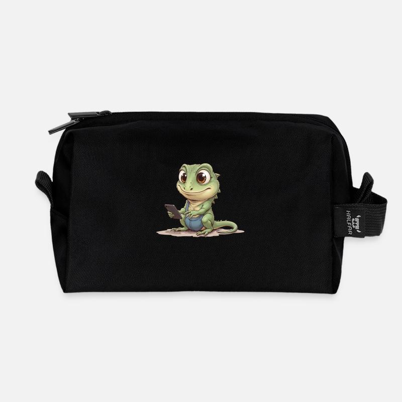 Baby-Eidechse mit Handy - Recycelte Kulturtasche - Schwarz