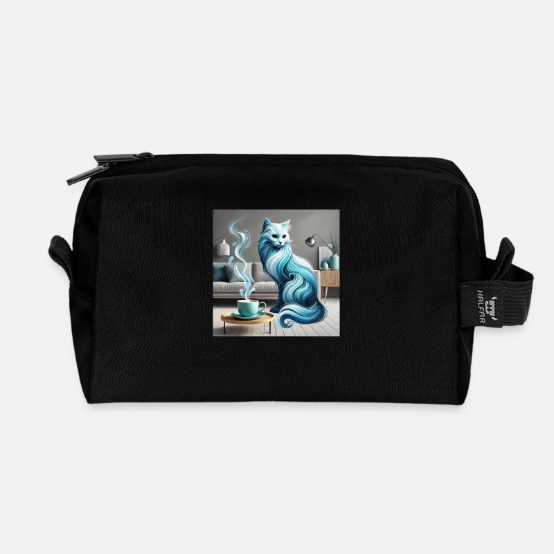 Cat and Coffee - Recycled Toiletry Zip Bag - black