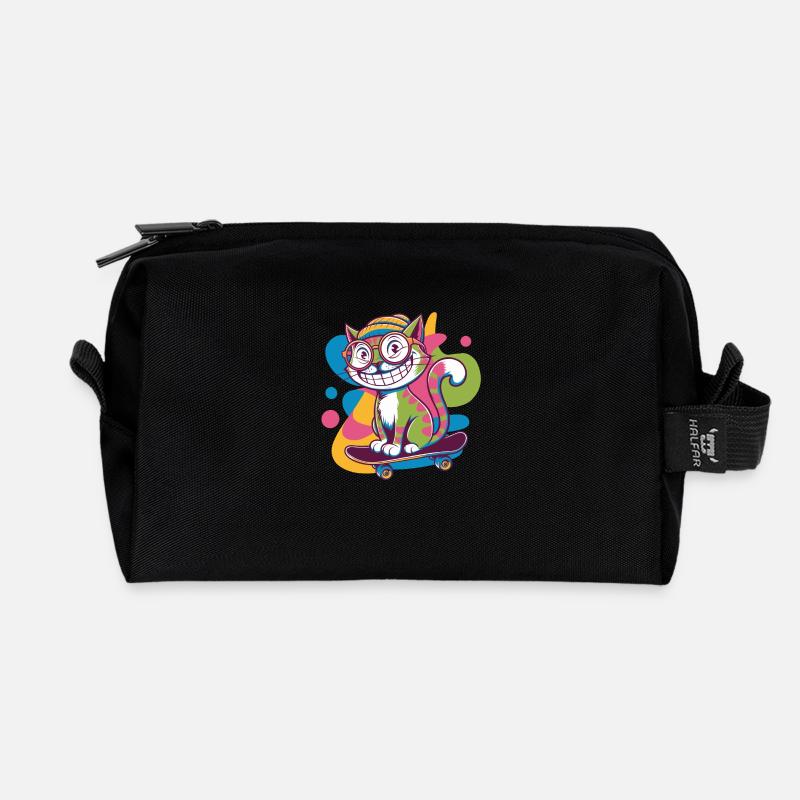 Funky Skater Cat - Recycled Toiletry Zip Bag - black