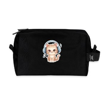 Cute Cat with Doodle Headphones - Recycled Toiletry Zip Bag - black - Front