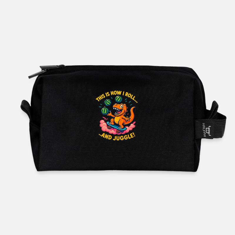 Skateboarding Dinosaur Juggling Watermelons - Recycled Toiletry Zip Bag - black