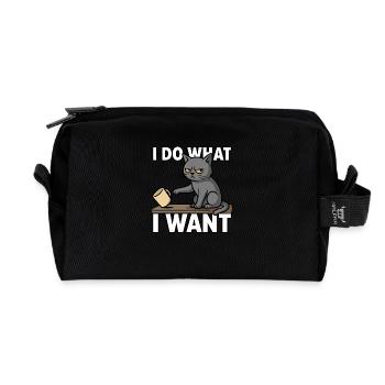 I Do What I Want – Sarcastic Cat Pushing Coffee - Recycled Toiletry Zip Bag - black - Front