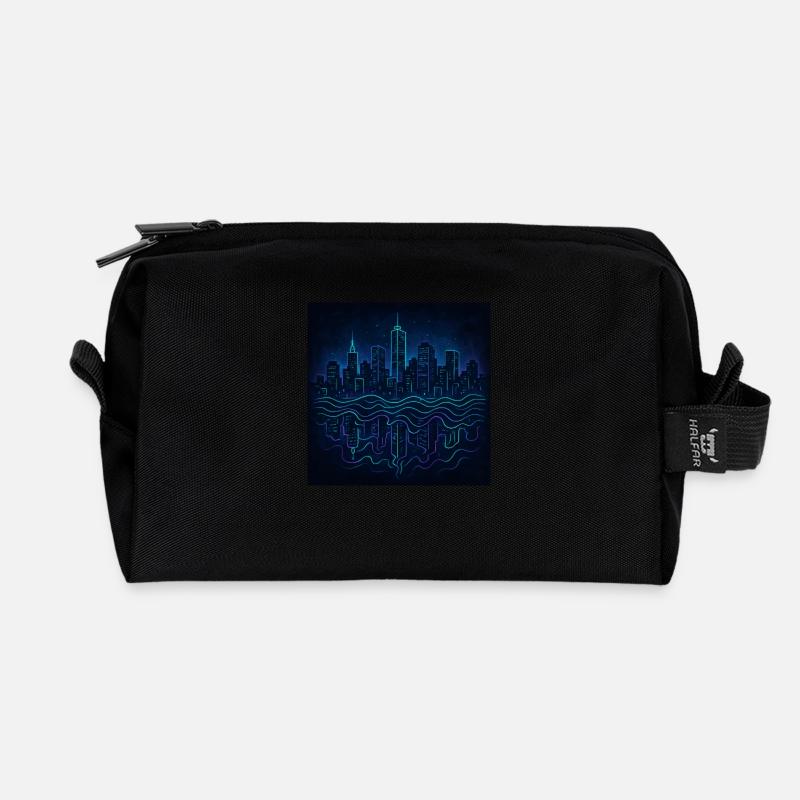Neon Skyline mit Spiegelung - Recycelte Kulturtasche - Schwarz