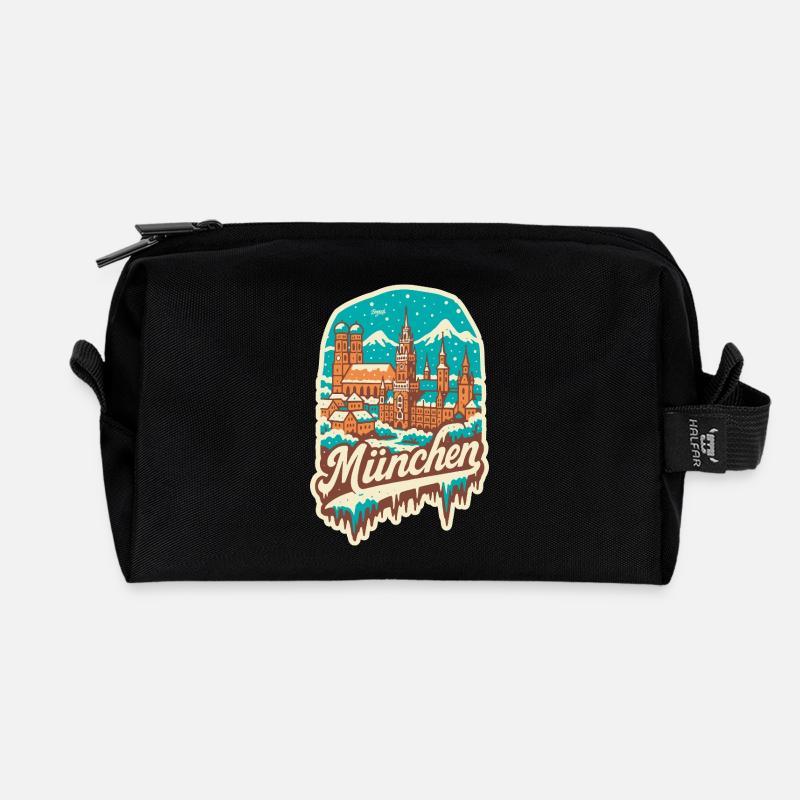 Munich in Winter - Romantic Illustration - Recycled Toiletry Zip Bag - black