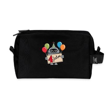 4 Years, 4th Birthday Robot with Balloons - Recycled Toiletry Zip Bag - black - Front