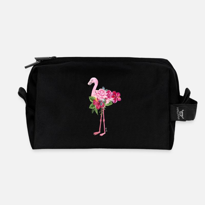 flamingo with flowers - Recycled Toiletry Zip Bag - black